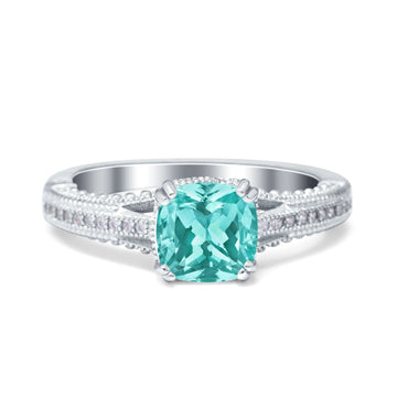 Cushion Cut Art Deco Engagement Ring Simulated Paraiba Tourmaline CZ 925 Sterling Silver